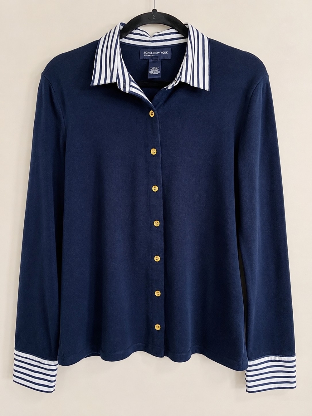 Jones New York Navy Striped Collar Knit Top Gold Buttons M - Picture 2 of 9
